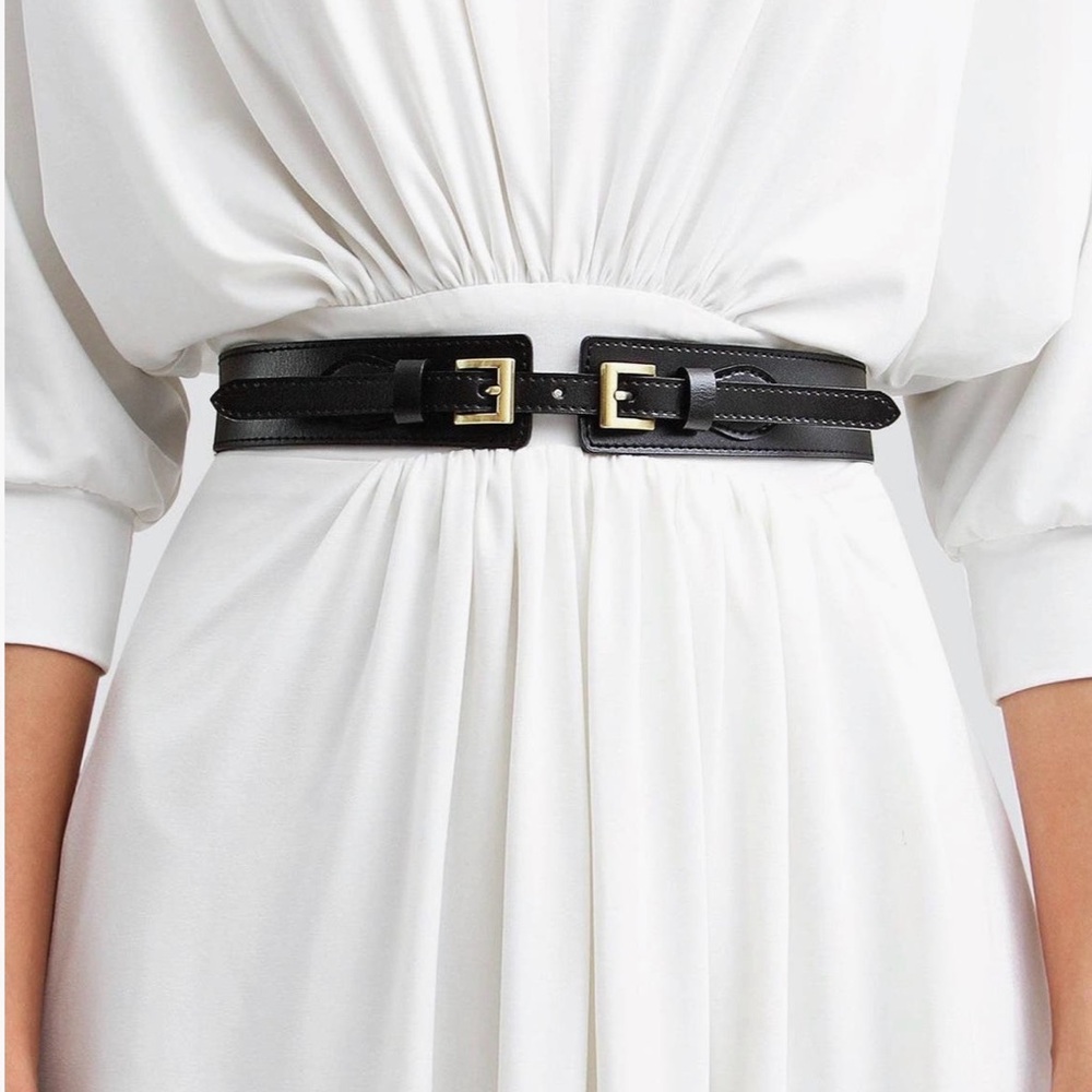 Double Buckle Black Leather Waist Belt with Gold Hardware